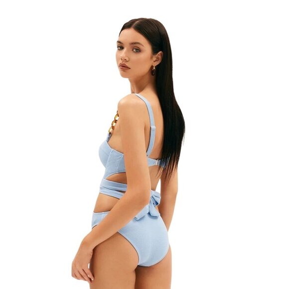 NWT Commense Light Blue Ribbed Cutout One-Piece~Swimsuit~Chain Straps~Tie Waist - Picture 2 of 7